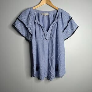 LOFT Short Sleeve Ruffle‎ Blue + White Striped Top with Tassel Details Size M